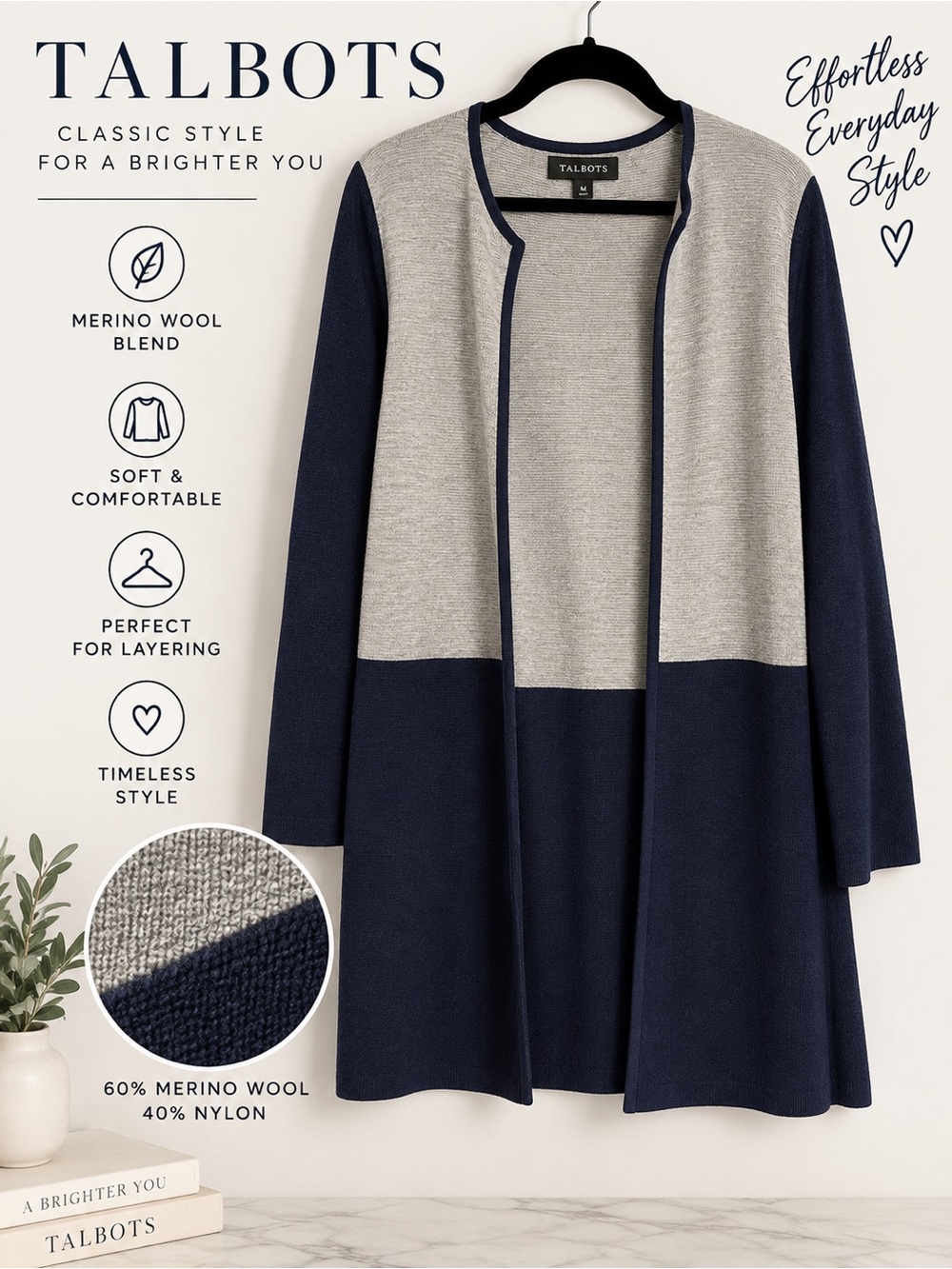 Talbots M Merino Wool Colorblock Long Open Cardigan Navy Gray Sweater